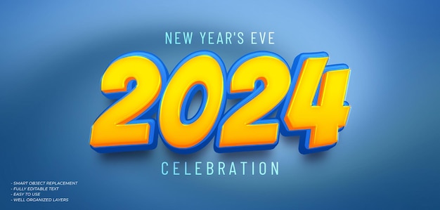 PSD psd happy new year 2024 3d text effect with blue yellow gradient color on the number