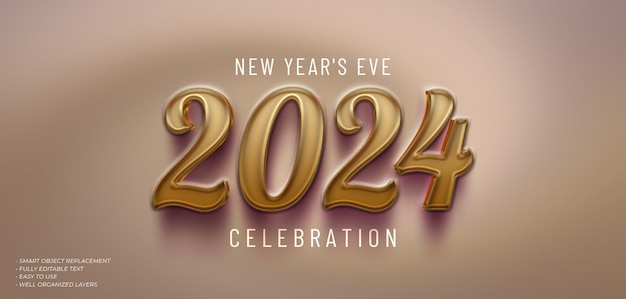 psd happy new year 2024 3d text effect with luxurious color style on the number