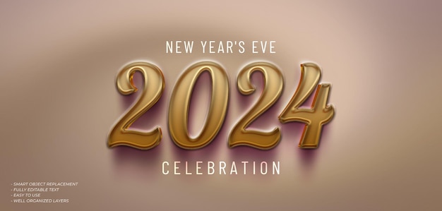 Psd happy new year 2024 3d text effect with luxurious color style on the number