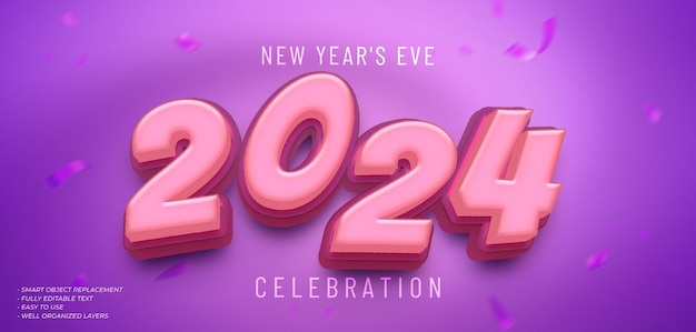 PSD psd happy new year 2024 3d text effect with pink color theme