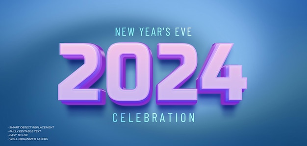 psd happy new year 2024 3d text effect with purple gradient color on the number