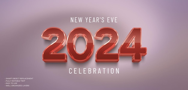 PSD happy new year 2024 3d text effect with rose gold color style on the number