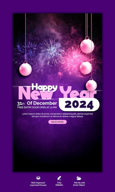 Psd happy new year 2024 instagram story template