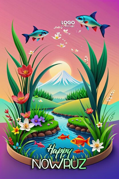 PSD psd buon giorno di nowruz o illustrazione del capodanno iraniano con erba semeni e pesce