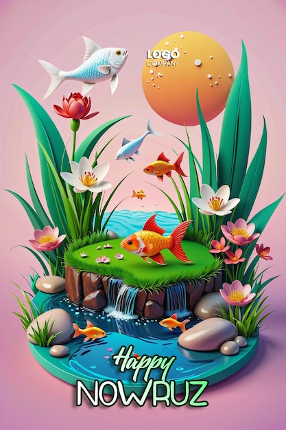 PSD psd happy nowruz day or iranian new year illustration with grass semeni and fish