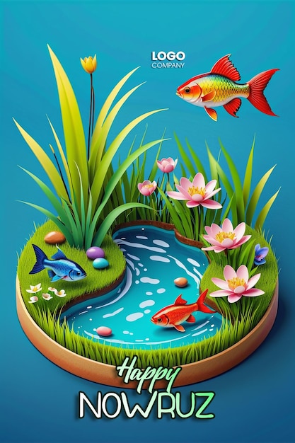 PSD psd buon giorno di nowruz o illustrazione del capodanno iraniano con erba semeni e pesce