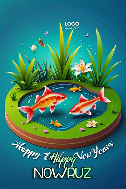 PSD psd buon giorno di nowruz o illustrazione del capodanno iraniano con erba semeni e pesce