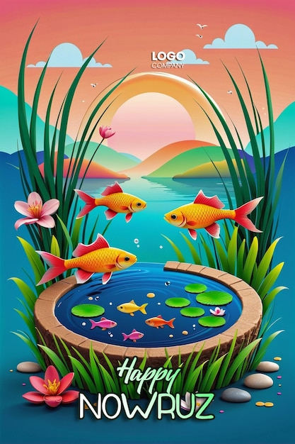 PSD psd buon giorno di nowruz o illustrazione del capodanno iraniano con erba semeni e pesce