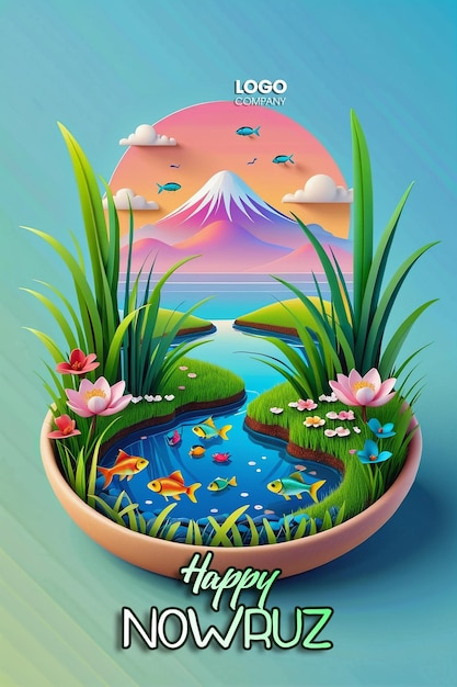 PSD psd buon giorno di nowruz o illustrazione del capodanno iraniano con erba semeni e pesce