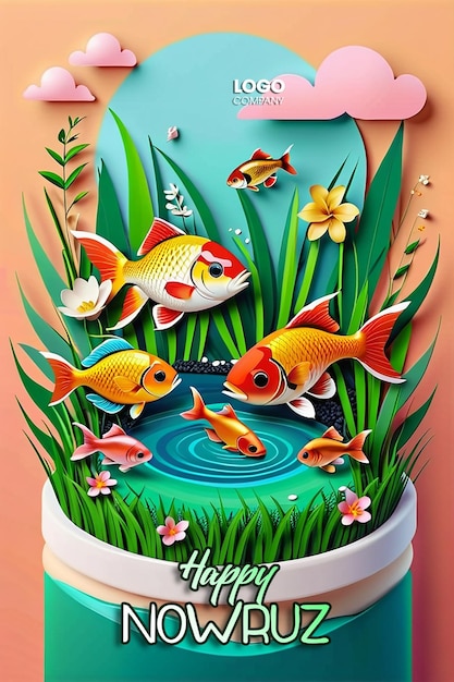 PSD psd buon giorno di nowruz o illustrazione del capodanno iraniano con erba semeni e pesce