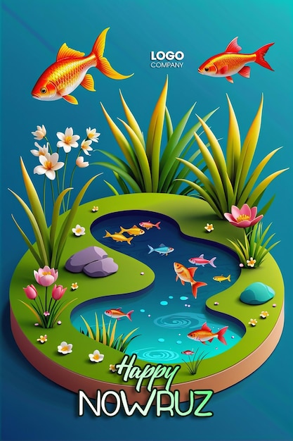 PSD psd happy nowruz day or iranian new year illustration with grass semeni and fish