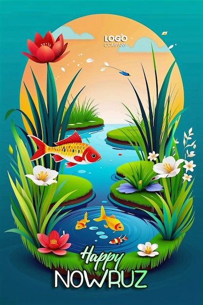 PSD psd счастливого дня новруза или иранского нового года иллюстрация с травой семени и рыбой