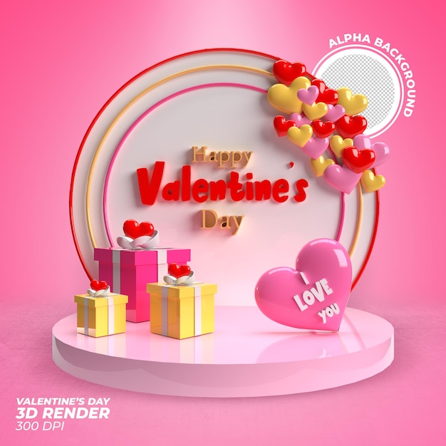 Psd happy valentine's day with 3d render label banner or post template