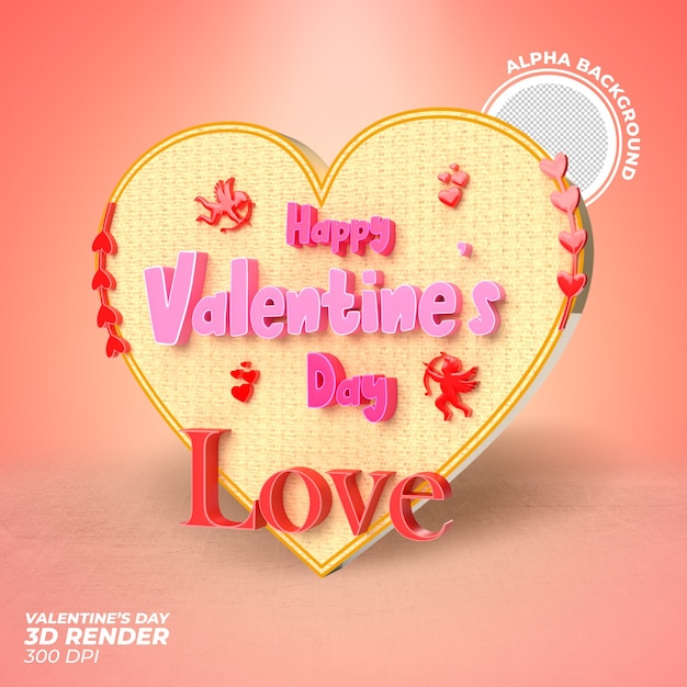 Psd happy valentine's day with 3d render label banner or post template