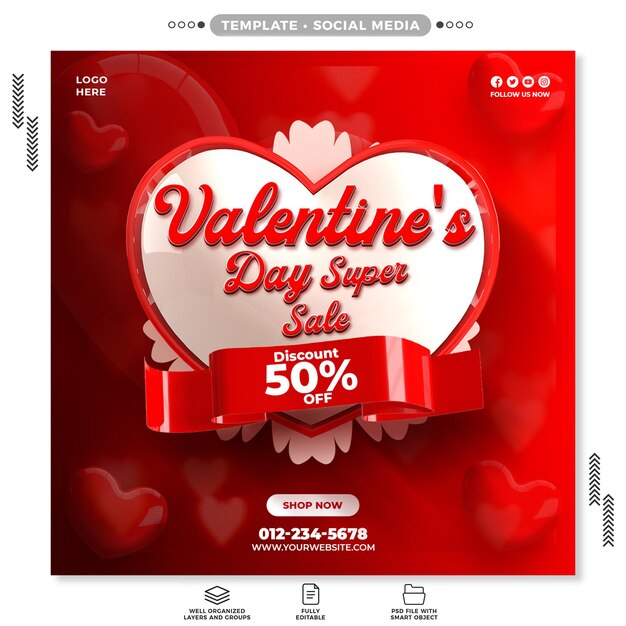 Psd happy valentines day discount sale instagram post banner or social media post 3d heart template