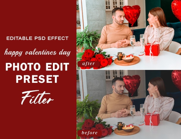 PSD Happy Valentines Day photo edit preset filter for Red Love Couple Romance Rose Day Photo filter