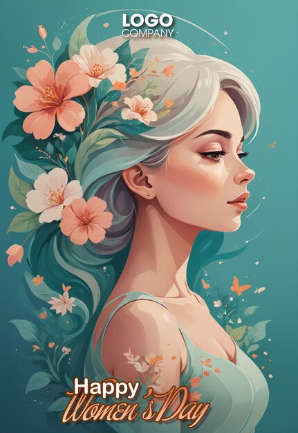 Psd happy womens day illustration girl with flowers