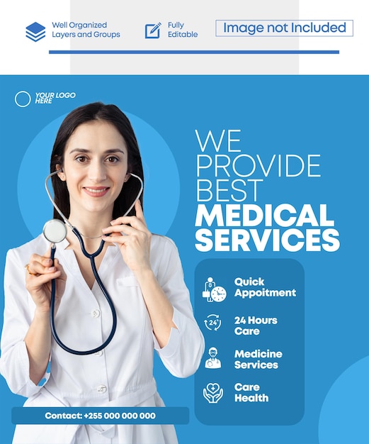 Psd healthcare flyer with female doctor photo