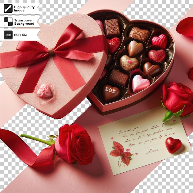 Psd шоколад в форме сердца и розы на прозрачном фоне с редактируемым слоем маски