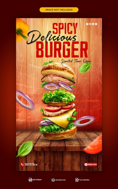 Psd heerlijke hamburger en eten menu instagram en facebook verhaal sjabloonontwerp