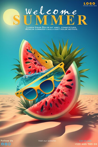 PSD poster di hello summer una scena di spiaggia con un'isola tropicale con la parola hello summer