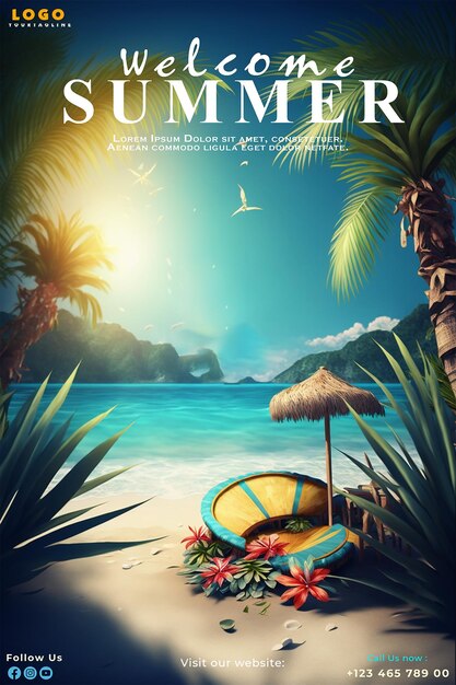 PSD psd hello summer poster een strand scène met een tropisch eiland met het woord hello summer