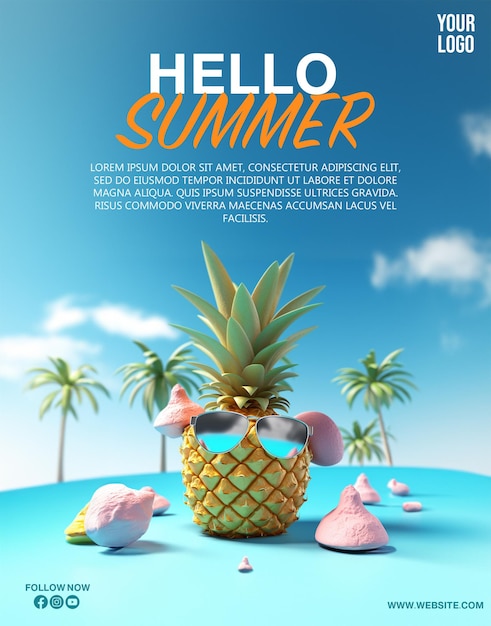 PSD Hello Summer-poster een strandtafereel met een tropisch eiland met het woord hallo zomer
