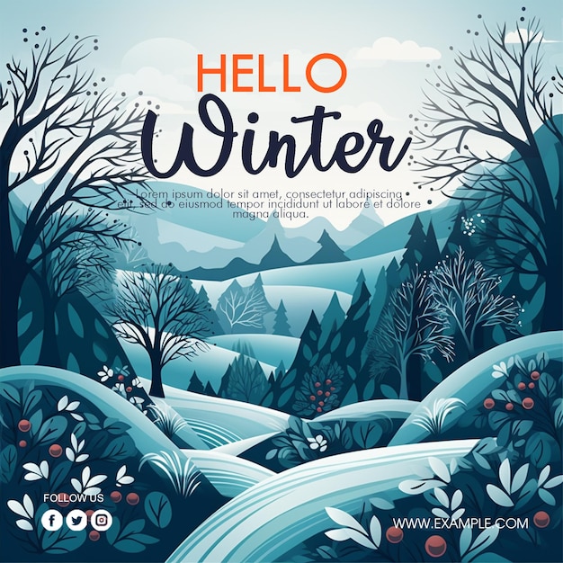 Psd hello winter achtergrond met winter bos en landschap