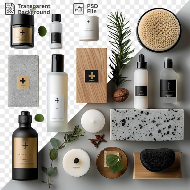 PSD psd high end luxury spa and wellness products set against a white wall featuring black and white bottles a small green plant and a round plate