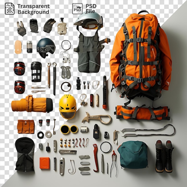 PSD psd high performance rock climbing gear set displayed on a white wall featuring black boots a silver and gray helmet a silver and black watch and an orange backpack