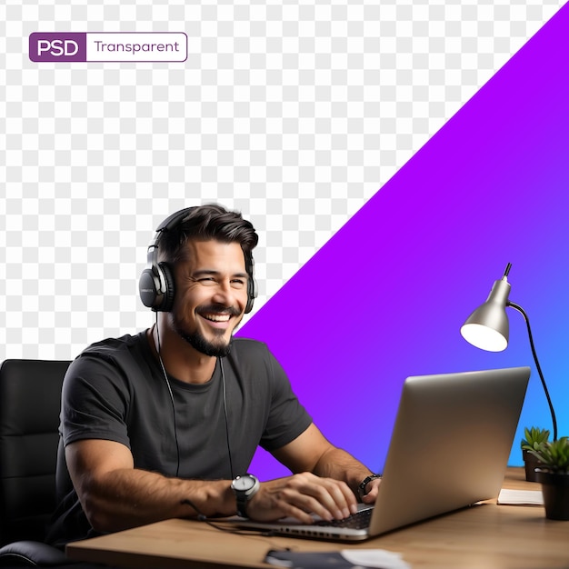 PSD psd hombre feliz creador de contenidos trabajando en su laptop