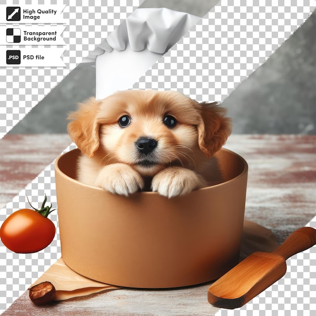 PSD psd hond chef-kok op een keuken met hoed op transparante achtergrond