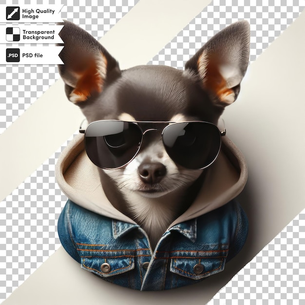 Psd-hond in een denimjas en zonnebril op doorzichtige achtergrond met bewerkbare maskerlaag