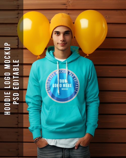 Psd hoodie logo mockup wood texter and the balloon background