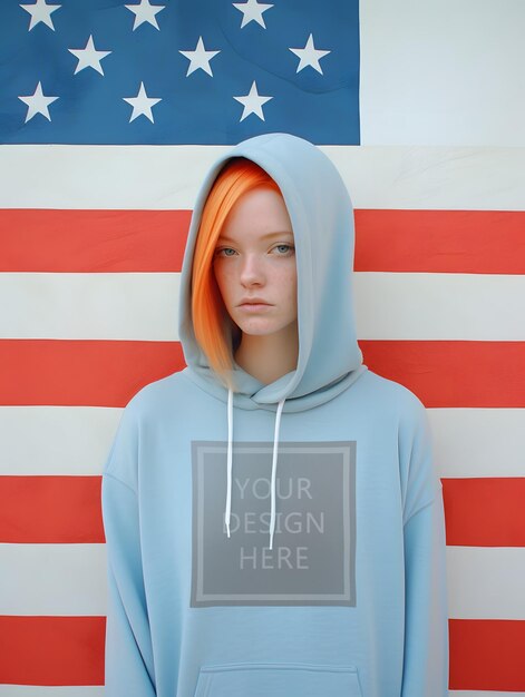 Psd hoodie mockup woman girl brand commercial independence day 4th of july generative ai