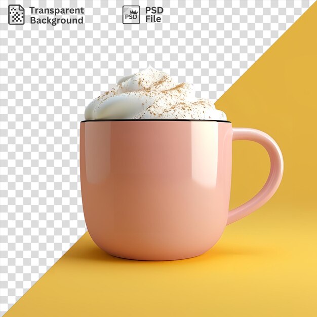 PSD psd hot chocolate in a pink mug on a yellow background