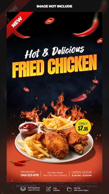 PSD psd hot and delicious fried chicken story template (template di storia di pollo fritto caldo e delizioso)