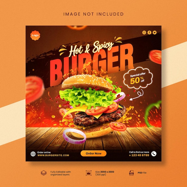 PSD psd modello di post sui social media per fast food con hamburger caldo e piccante