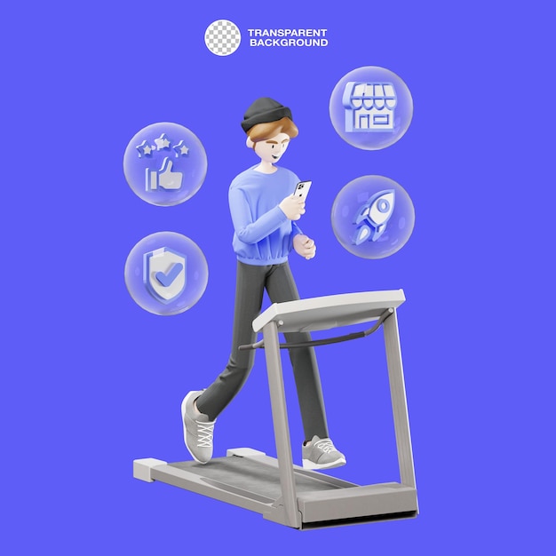 PSD psd i realistyczna ilustracja 3d zdjęcie mężczyzny ćwiczącego na bieżni trzymającego telefon