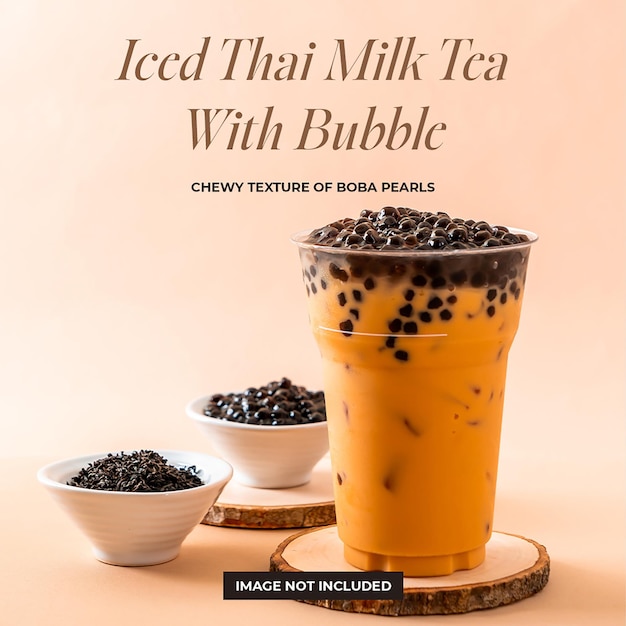 psd iced thai milk tea with bubble on brown background instagram post template