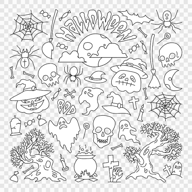 PSD psd illustratie schets tekeningen halloween party elementen set van pictogrammen in cartoon stijl