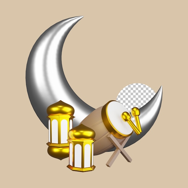 PSD illustrazione psd concetto di luna, lampada, lanterna e tamburo islamico con rendering 3d