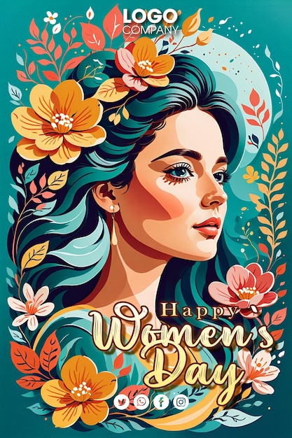 PSD Иллюстрация женщины с длинными волосами, носящей цветы