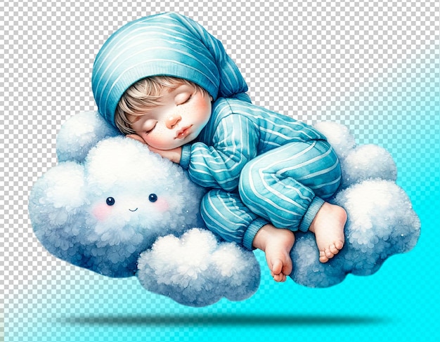 Illustrazione psd di un bambino che dorme su una nuvola su uno sfondo trasparente