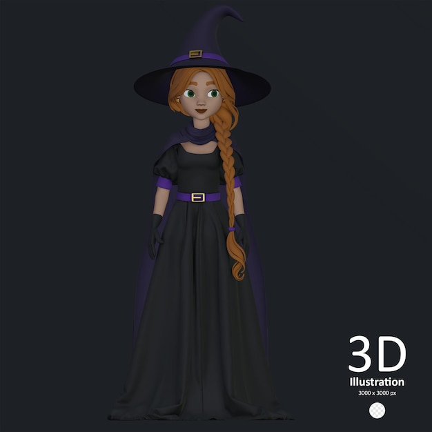 PSD illustration of a witch in a black dress and hat with red hair