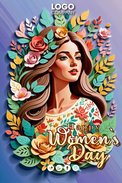 Psd illustration of a woman with long hair wearing flowers