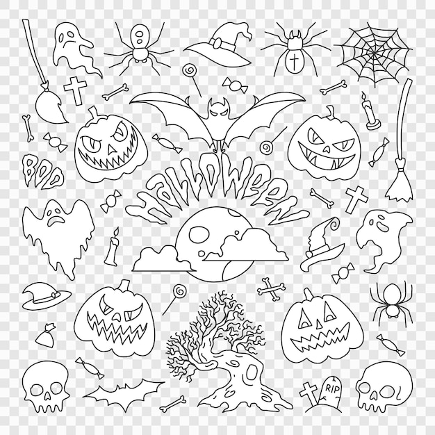 PSD psd illustrationoutline drawings halloween party elements set of icons in cartoon style