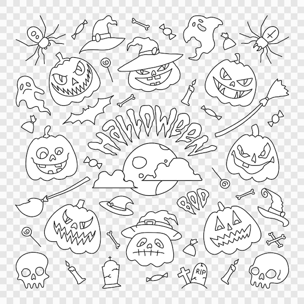 PSD illustrazione psddisegni di contorno elementi di festa di halloween set di icone in stile cartone animato