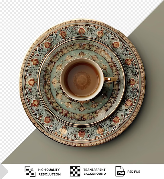 PSD psd imam bayildi coffee cup and saucer on a plate against a white wall