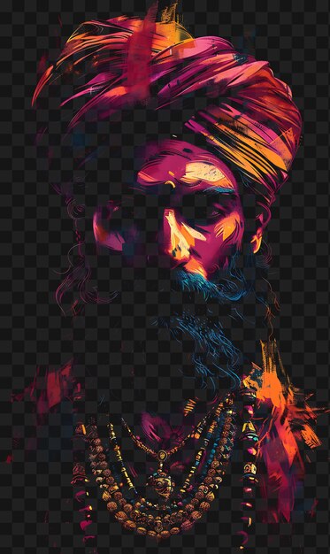 Psd del ritratto indiano di raja man che indossa un turbante e sherwani con t-shirt design collage art ink